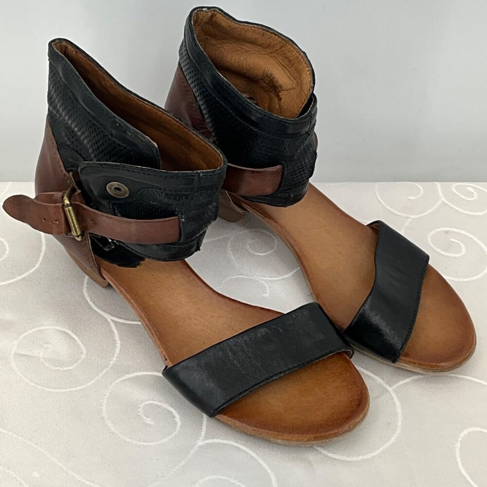 Miz Mooz Leather & Mesh Ankle Strap Sandals Brown/Black‎ Women's Size 40